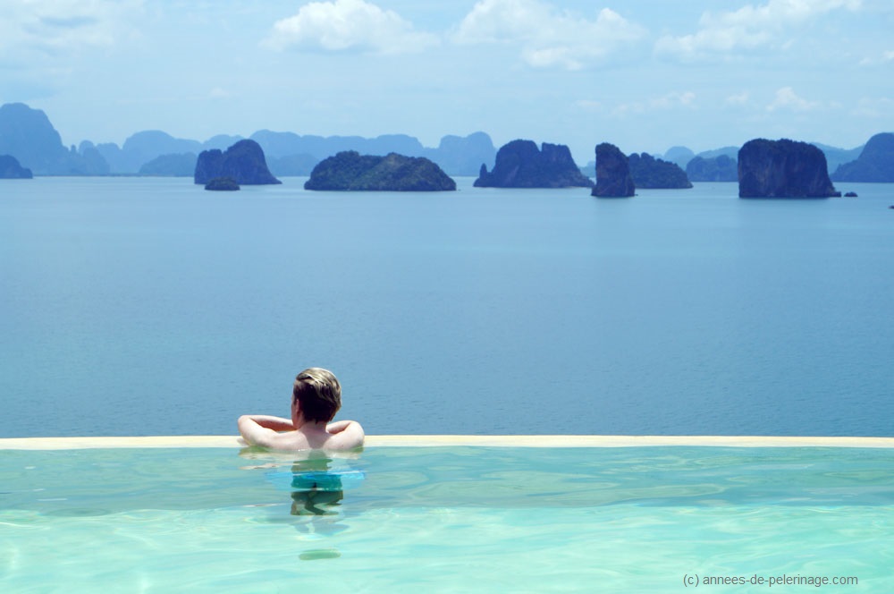 Me lounging in the infinity pool at the Six Senses luxury hotel on Koh Yao Noi, Thailand