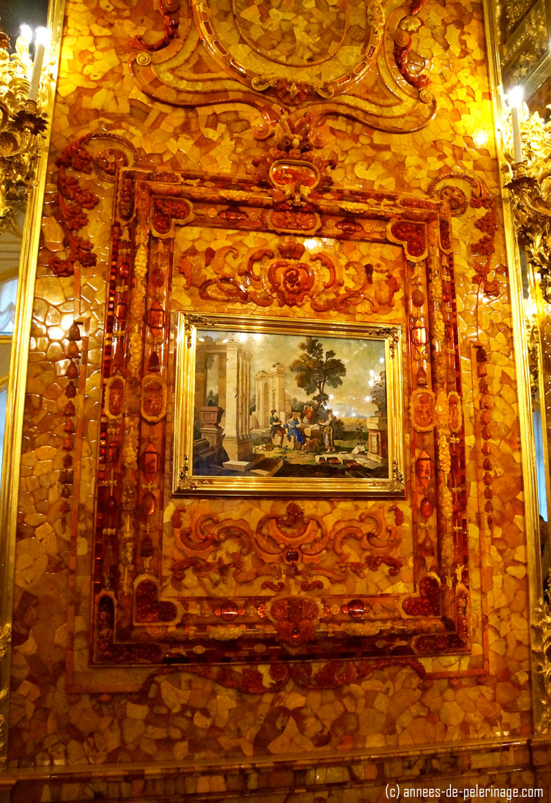 A picture in an amber frame in the Amber Room in catherine palace in St. Petersburg