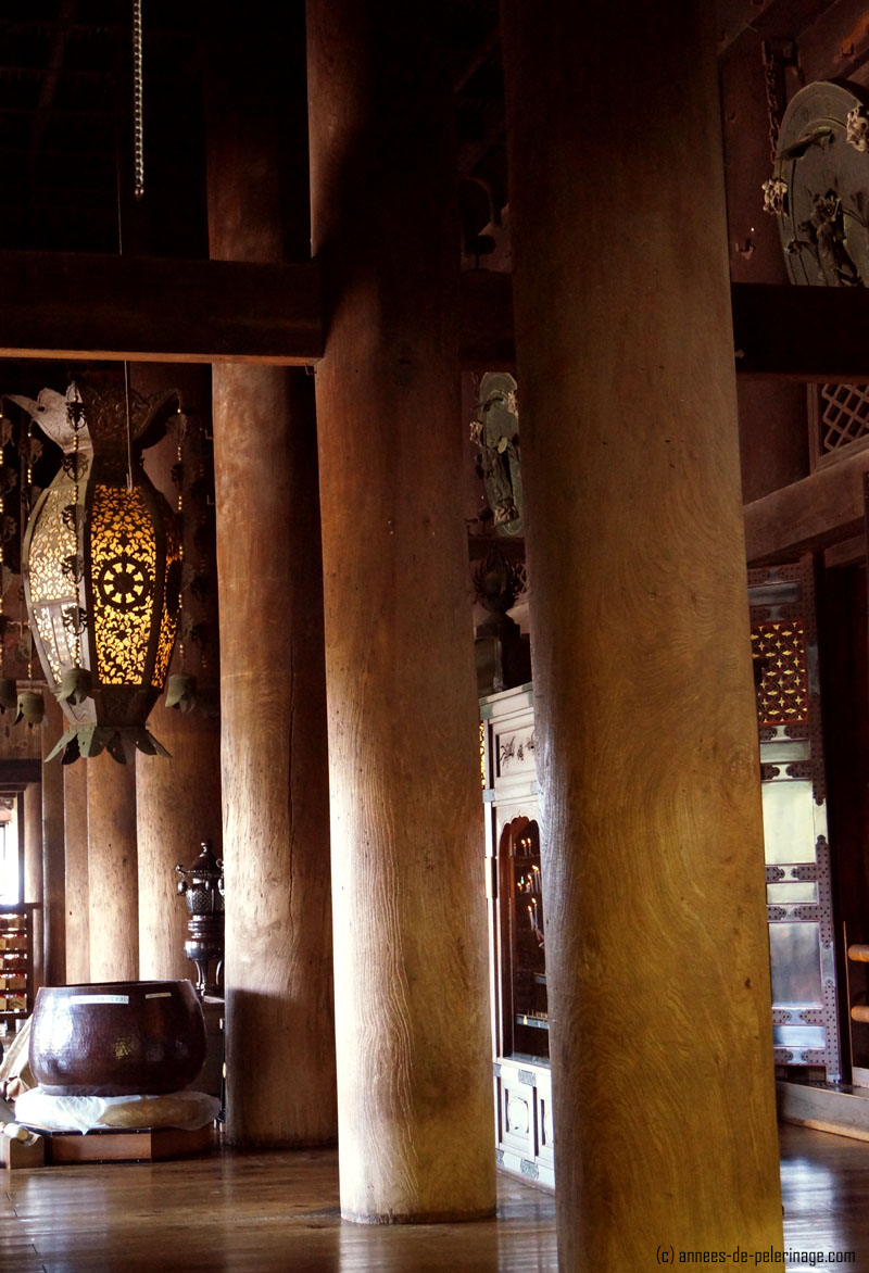 The gigantic cedar boles inside the main hall of kiyomizu-dera in Kyoto