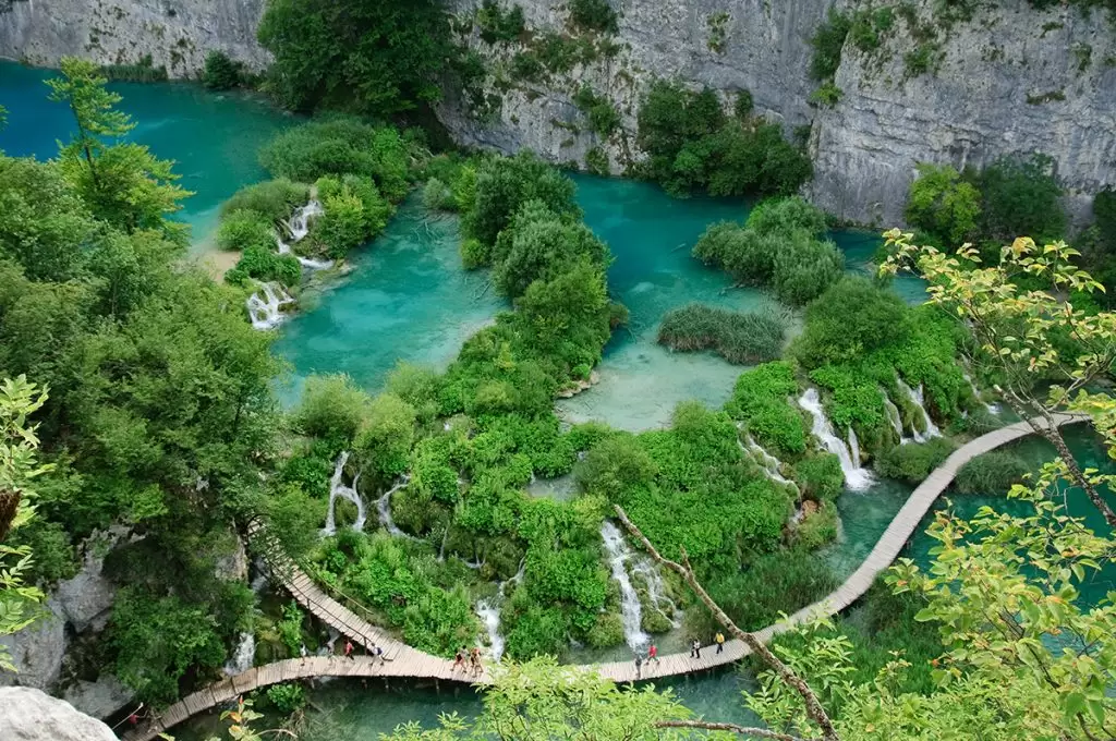 Bridge leading over the water falls in Plitvice Lakes National Park