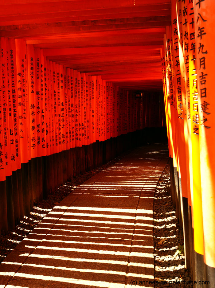 red torii at fushimi inari shrine with the names of the donators inscribed in black, kyoto