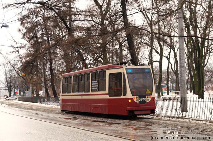 Tram train no. 6 going to Peter and Paul Fortress in St. Petersburg