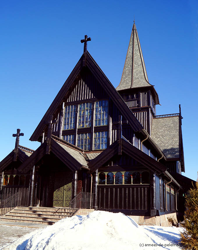 The wooden holmenkollen Chapel close to the famous ski-jump in Oslo