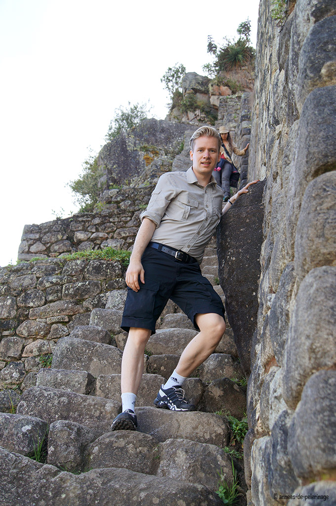 Me climbing the stairs of death down from wayna picchu - so scarry