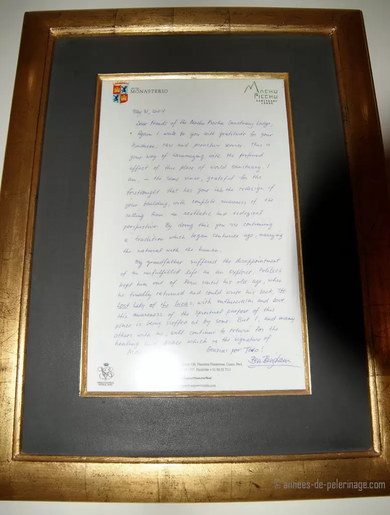 The recommendation letter of ben bingham in the lobby of belmond sanctuary lodge lobby