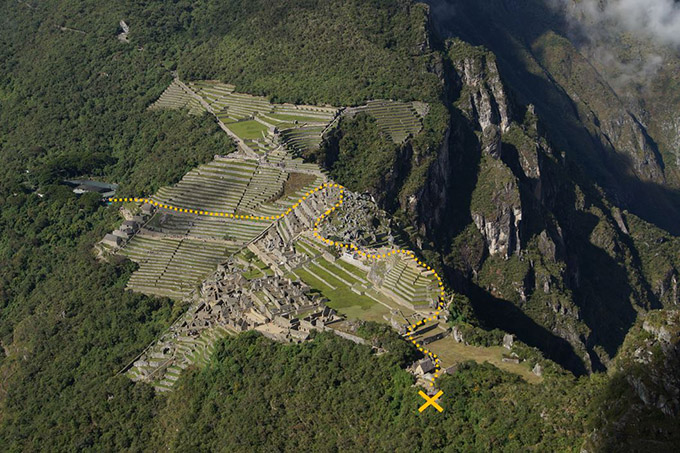 The route/way to the entrance of wayna picchu and the checkpoint where you have to show your tickets
