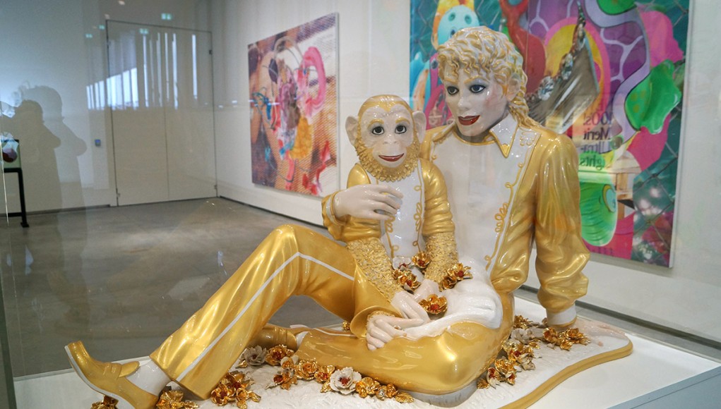 jeff koons gilded china statue of michael jackson holding his favorite chimp at astrup fearnley oslo