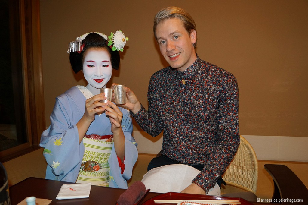 maiko and me saluting with beer tawaraya ryokan