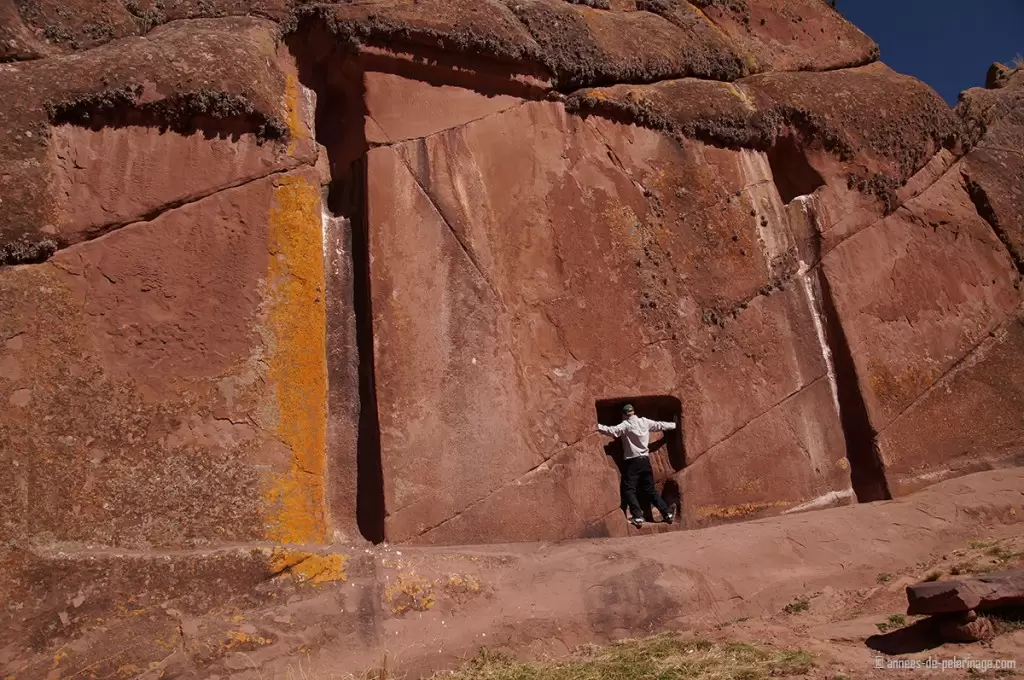 standing inside the spiritual doorway of Amaru muru near lake titicaca