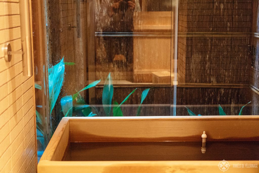 A traditional ofuru bathtub at Tawaraya Roykan in Kyoto, Japan