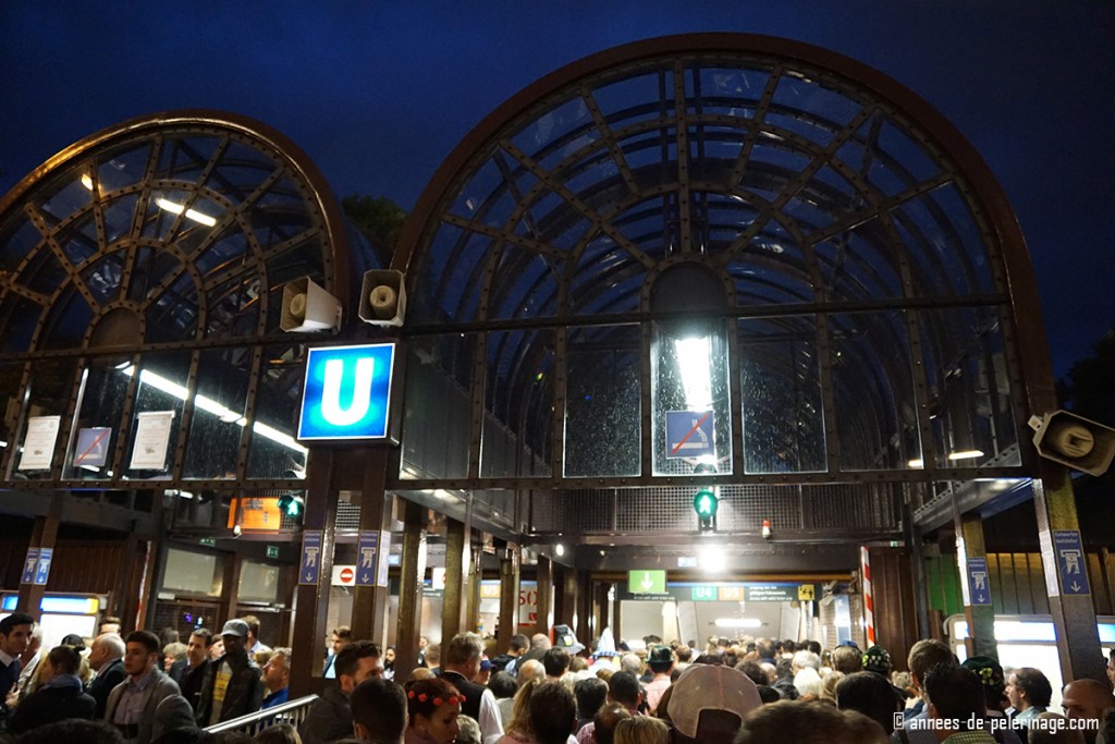 the crowded subway at theresienwiese oktoberfest in the evening