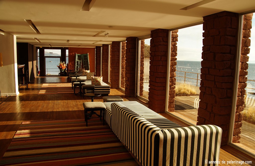 design luxury hotel lake titicaca: The unsual bar area of the Titilaka Lodge