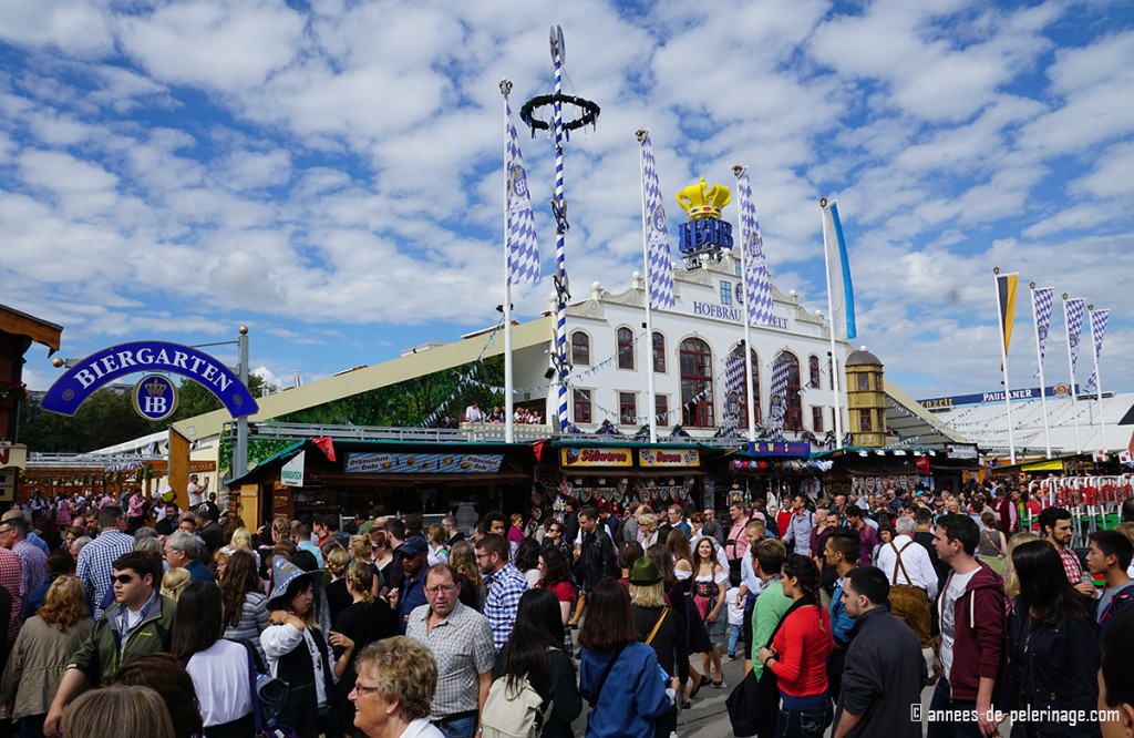 The hofbräu beer tent and a huge crowd in front of it