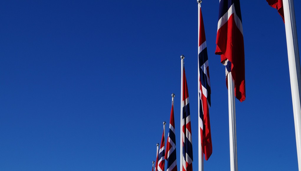 Norwegian flags with only blue sky in the background seen at holmenkollen ski jump