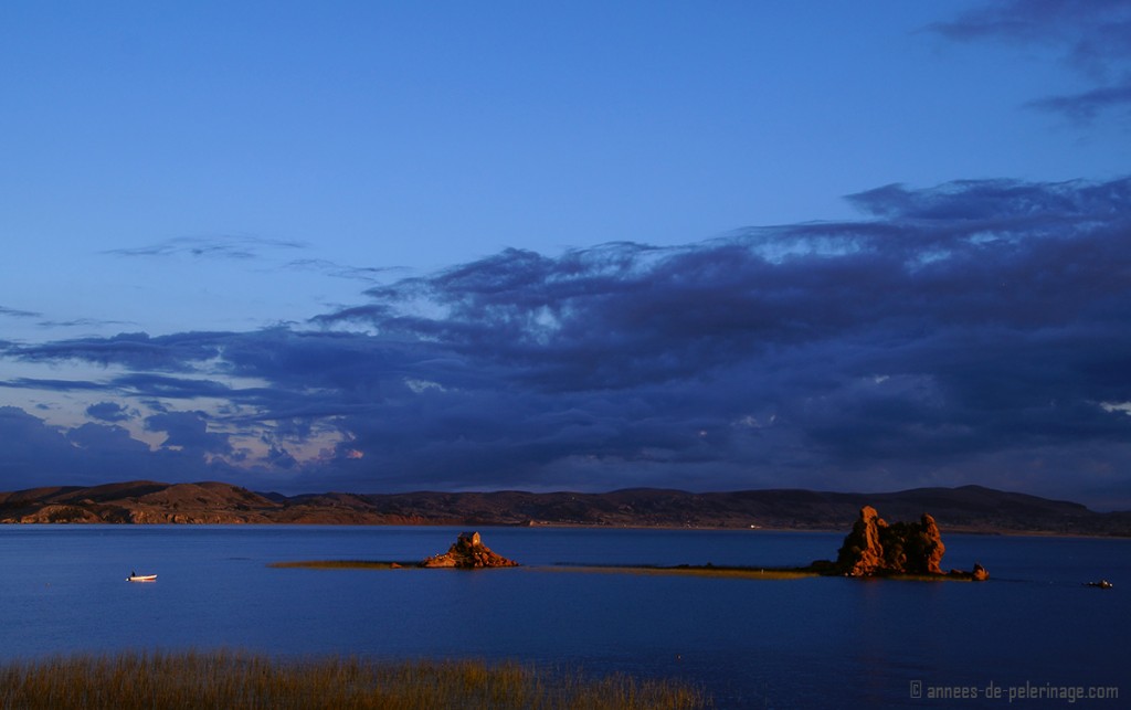 Sunset view from my corner room at Titilaka luxury hotel on Lake Titicaca, Peru