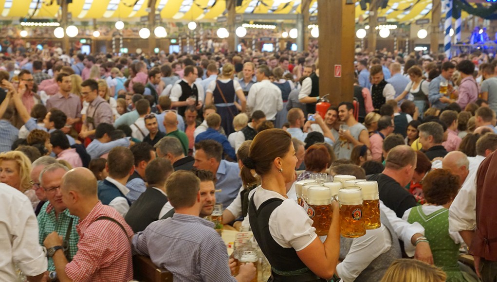 A waitress carrying a heavy load of beer mugs in a beer tent of oktoberfest