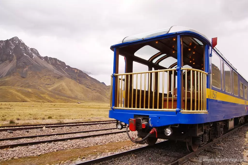 The observation deck of the Andean explorer luxury train seen from outside, standing at la raya pass