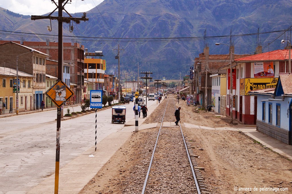 The Andean explorer passing through a small city on the altiplano in peru