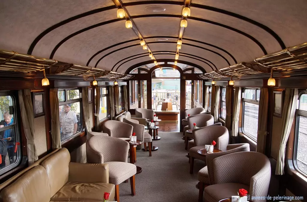 The bar wagon of the andean explorer luxury train and the observation deck behind it