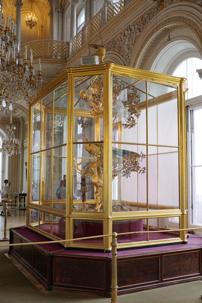 The famous golden peacock clock inside its giant gilded cage in the Hermitage Museum