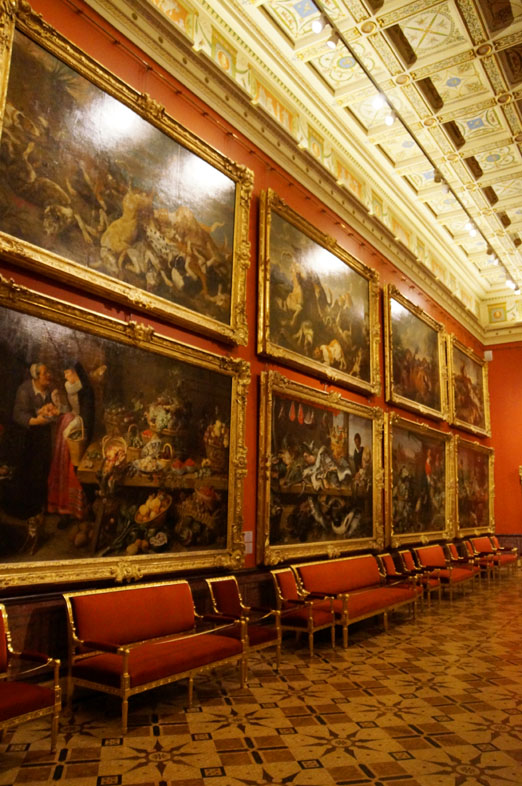 One of the rooms where huge paintings side by side are on display in the Hermitage