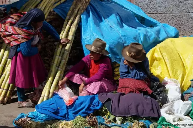 Two sugar cane vendors in traditional cloths at the San Pedro Market in Cusco, Peru