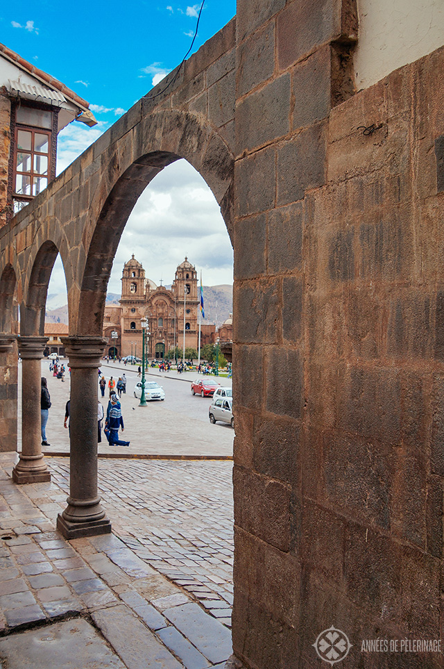 The spanish arcades surrounding the Plaza de Armas in Cusco, Peru