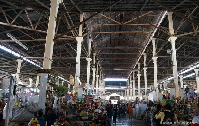 The san pedro market hall with its many colorful vendors in Cusco, Peru