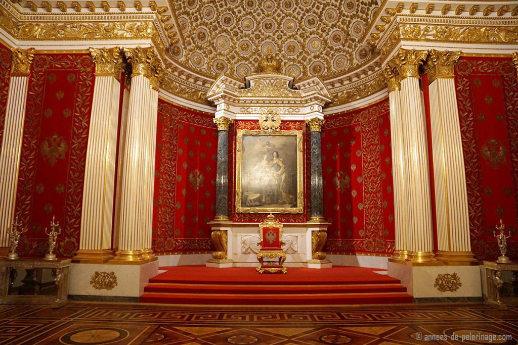The throne of the stars lined with red velvet and gold in a special throne room in the hermitage