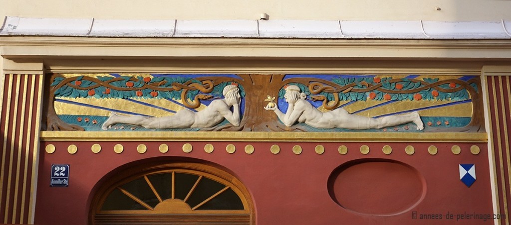Beautiful Art Nouveau Adam and Eve door detail at Ainmillerstrasse in Munich
