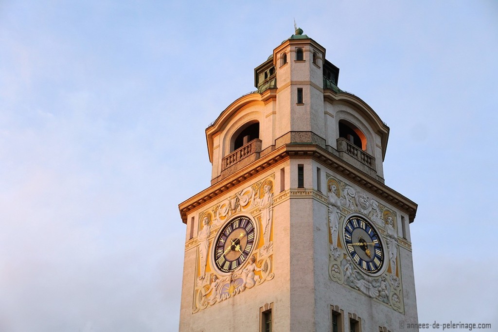 The Art Nouveau clock tower of a public bath in Munich