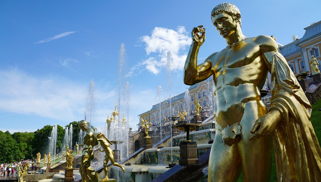 The golden statues of the grand cascade of Peterhof Palace in St. Petersburg, Russia
