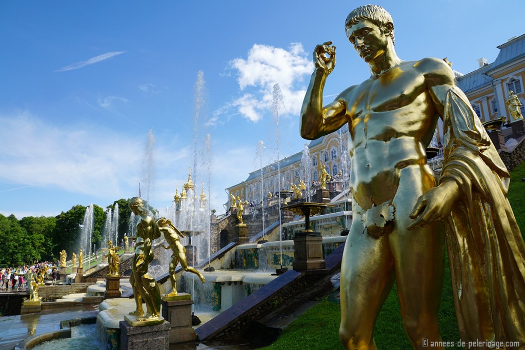 The golden statues of the grand cascade of Peterhof Palace in St. Petersburg, Russia