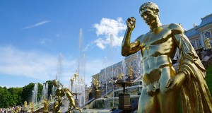 The golden statues of the grand cascade of Peterhof Palace in St. Petersburg, Russia