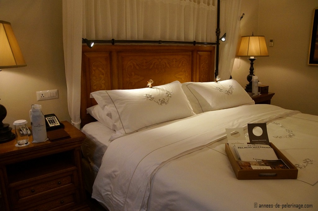 The huge luxurious double bed at the Belmond Palacio Nazarenas in Cusco