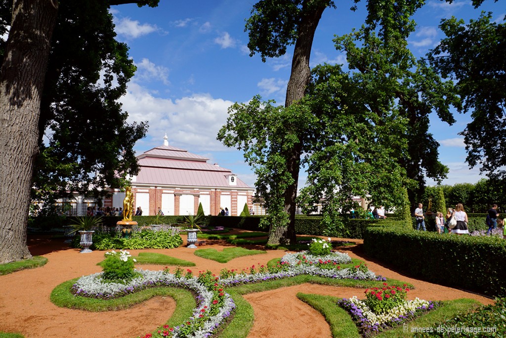 The Monplaisir Palace in Peterhof surrounded by stunning gardens and trees