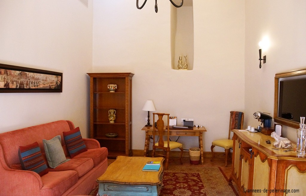 The sitting room in my premium suite at Belmond Palacio Nazarenas in Cusco, Peru