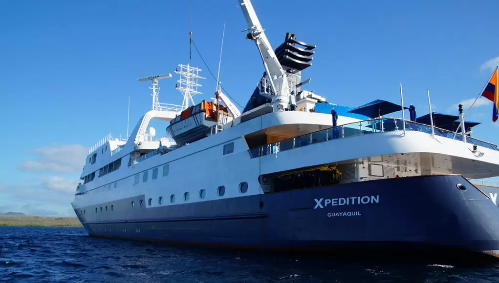 The Celebrity Xpedition cruise ship in the waters around Galapagos. Truly the best cruise ship there is