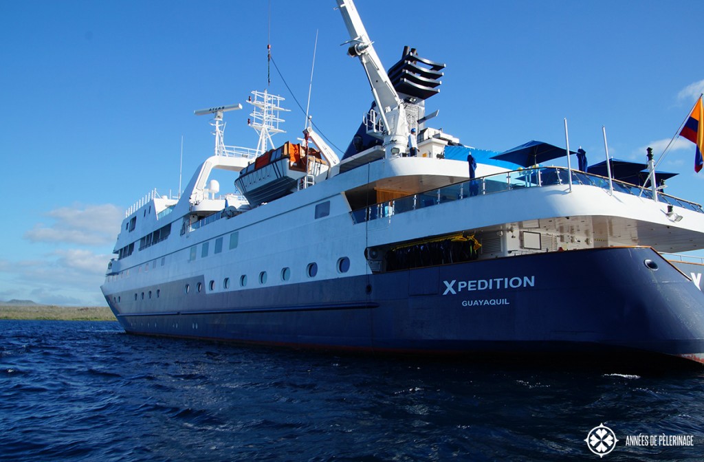The Celebrity Xpedition cruise ship in the waters around Galapagos. Truly the best cruise ship there is