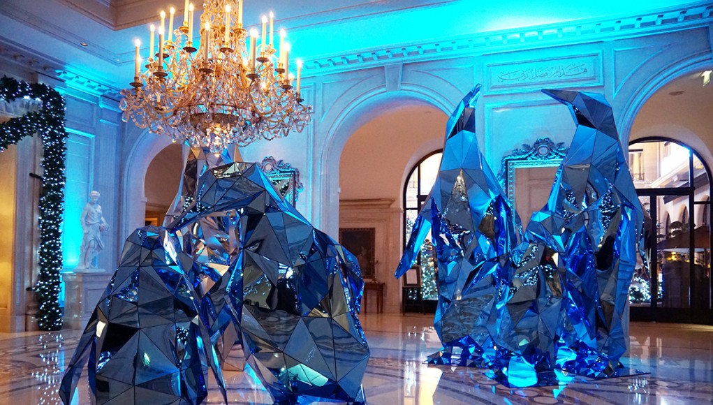 Christmas decorations made of mirrors inside the lobby of the Four Seasons Hotel George V in Paris