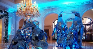 Christmas decorations made of mirrors inside the lobby of the Four Seasons Hotel George V in Paris