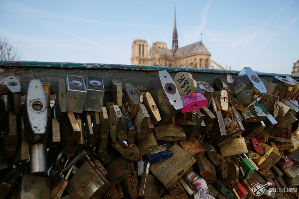 Pont de Larchevêche with its many love locks and the Cathedral of Notre-Dame de Paris in the background