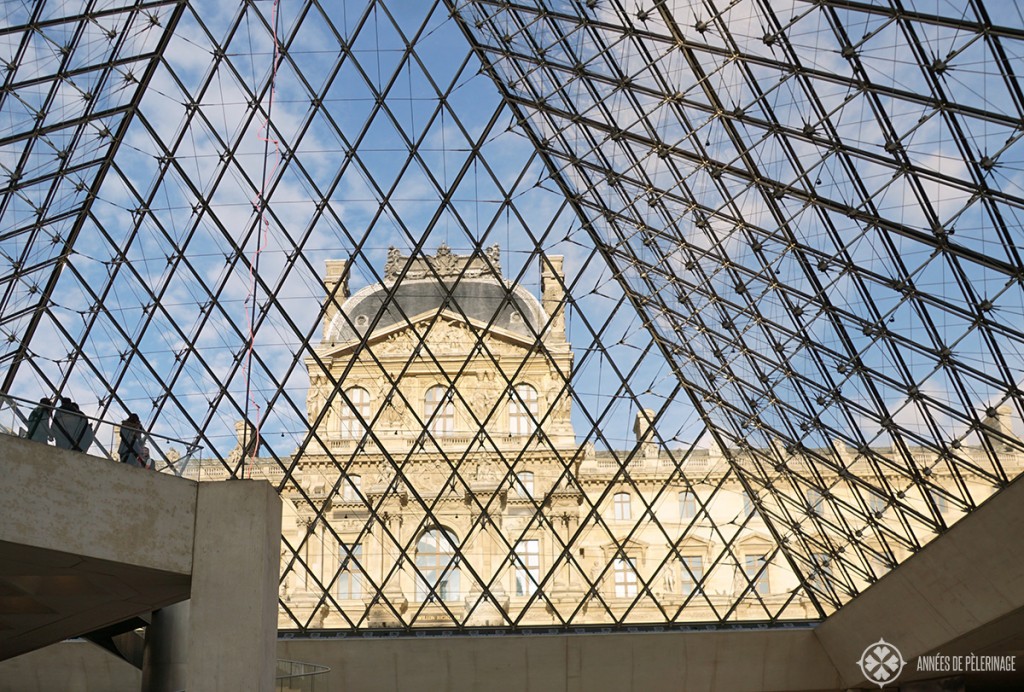 INside the glass pyramid of the Louvre Museum