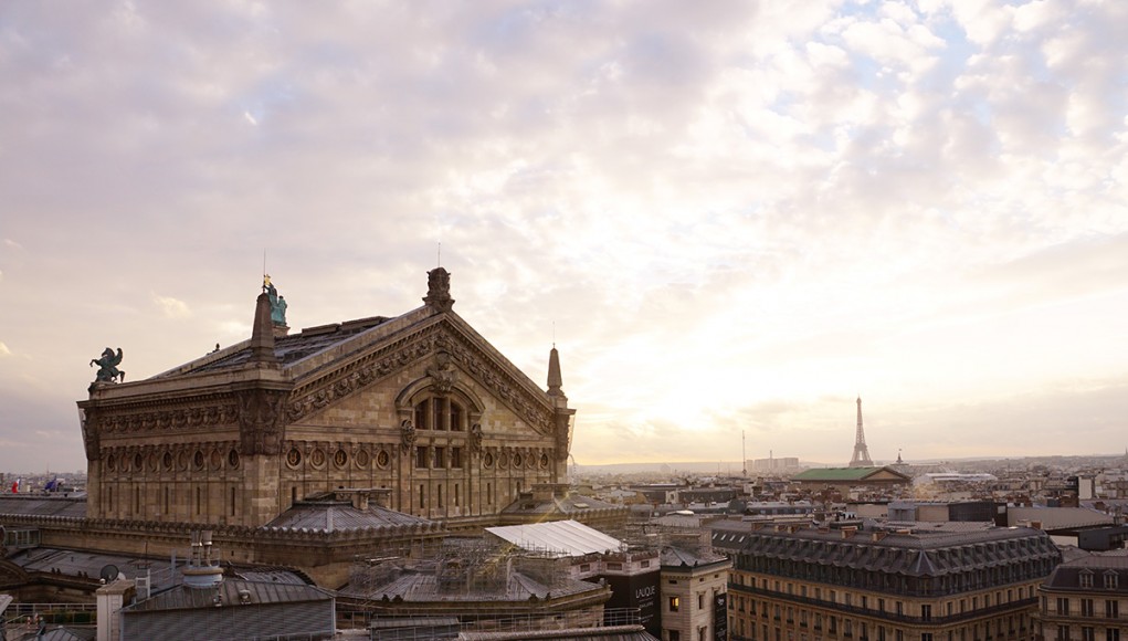 The stellar view from the roof of the Galleries la Fayette in Paris with the Eifel tower in the background