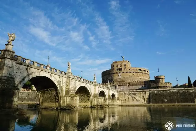 The Castel Sant' Angelo in Rome seen from the banks of the Tiber River