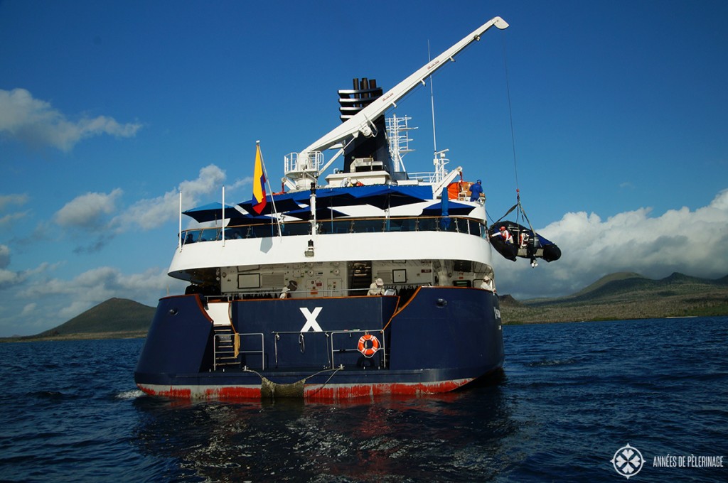 Rear view of the Celebrity Xpedition Galapagos luxury cruise ship