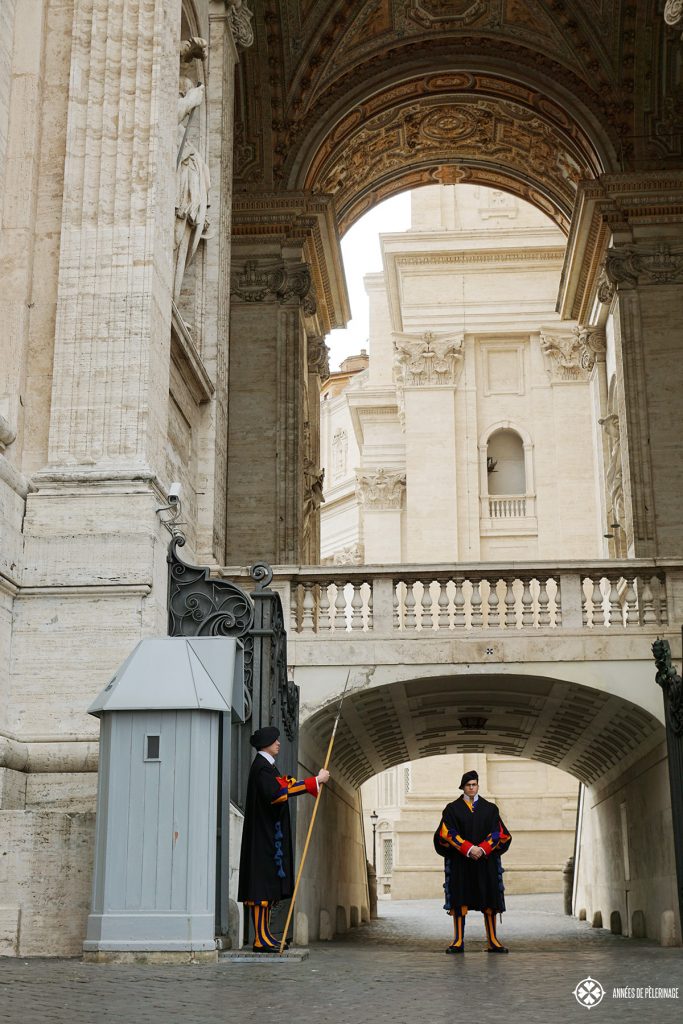 The Swiss Guard standing guard at the entrance to the Vatican