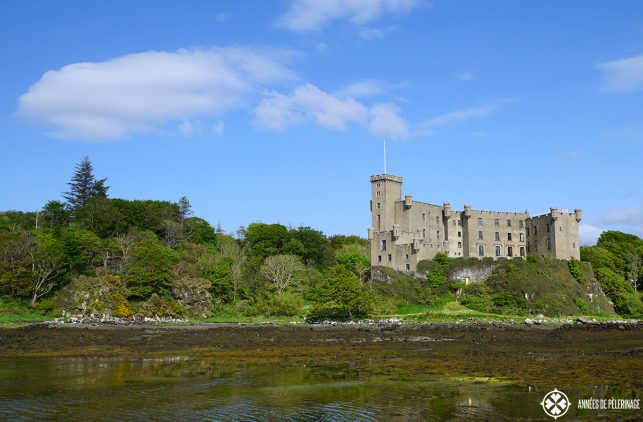 Dunvegan Castle on the on the Isle of Skye in Scotland at low tide