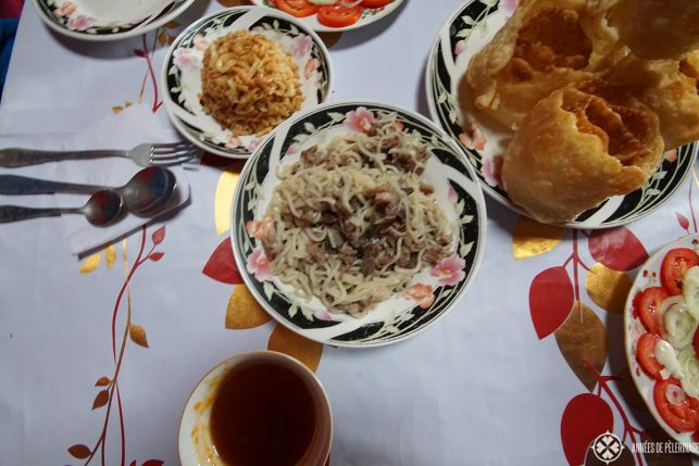 Beshbarmak is the national food of Kyrgyzstan. Traditionally eating with the fingers of the right hand, it tastes a bit like Spaghetti Bolognese