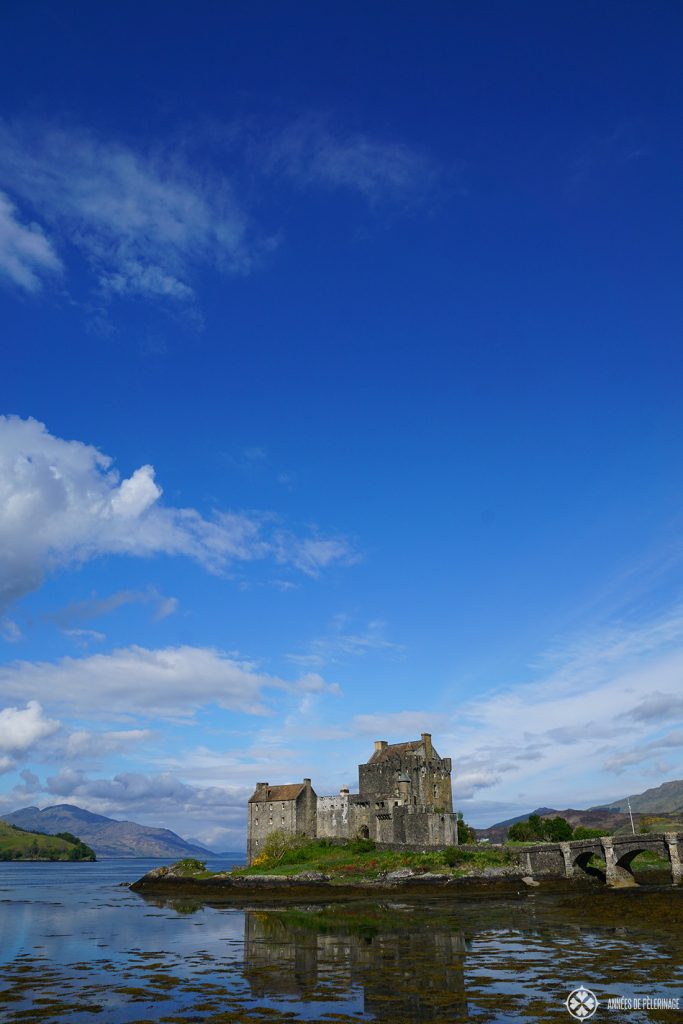 Eilean Donan Castle Scotland at low tide. It is often called Scotland's most beautiful castle